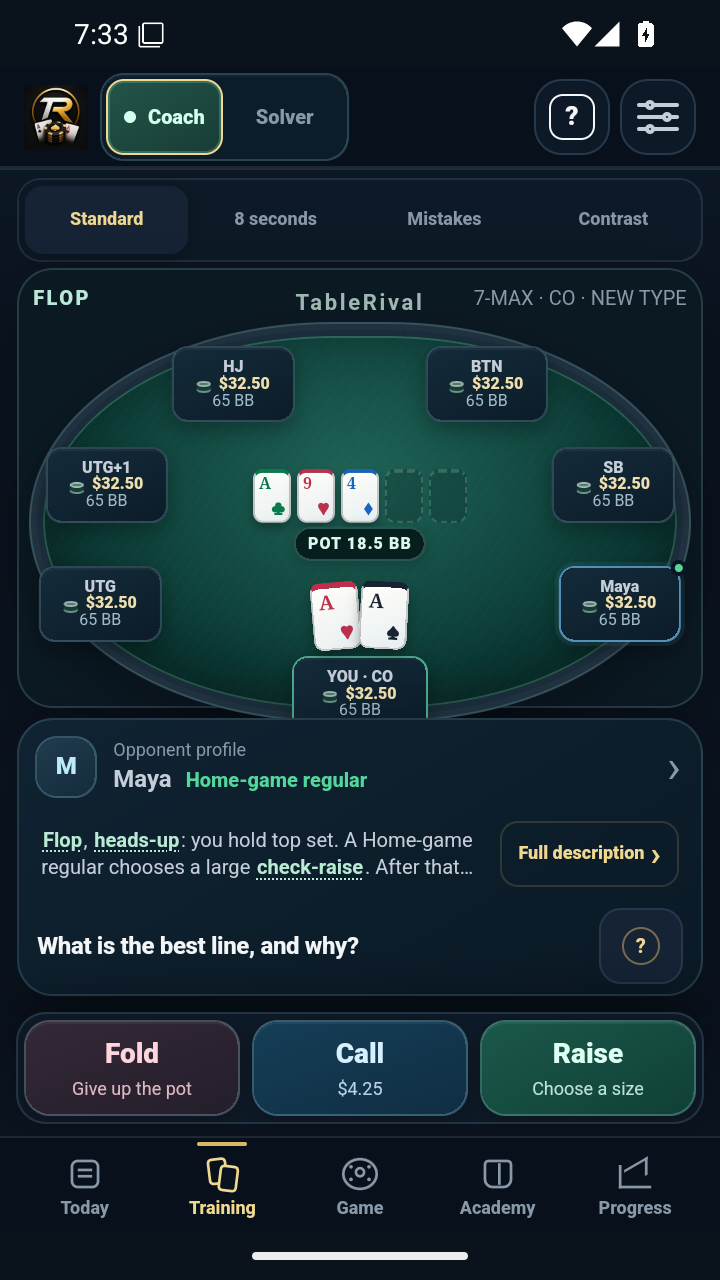 English TableRival trainer showing the table, decision and available actions